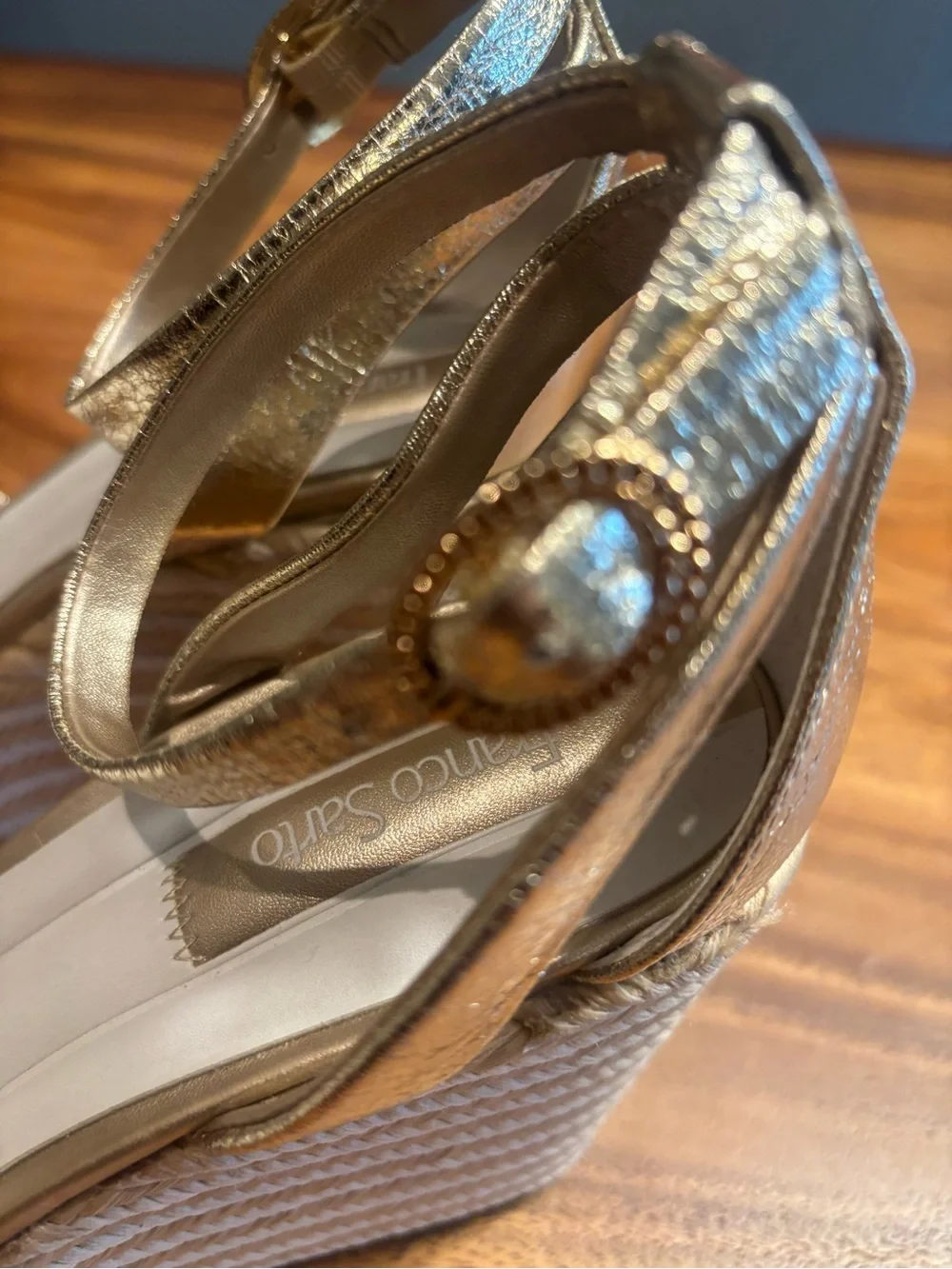 Franco Sarto Metallic Gold Wedge Espadrille Sandals size 9.5